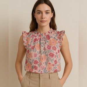 LOFT Floral Ruffle Sleeve Blouse Pink Peach Purple Boho Top Size L